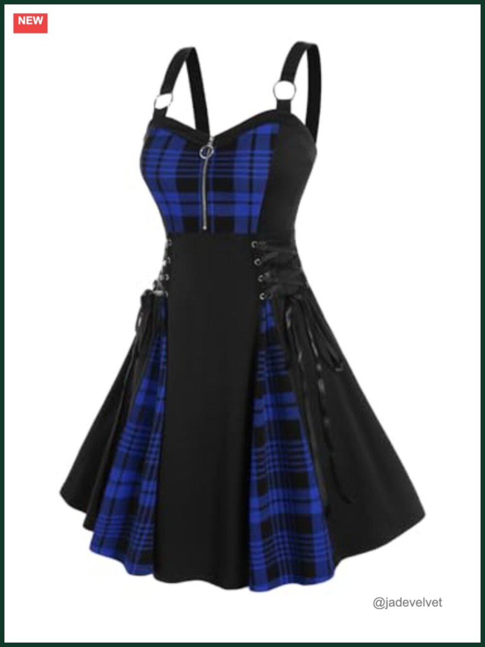 Gothic Plaid Lace Up Half Zipper Dress Plus Size A-Line Midi